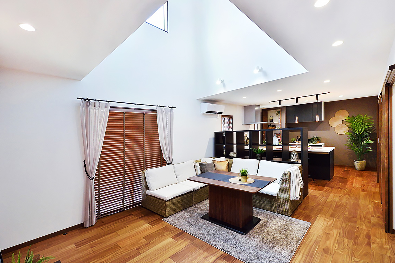 大空間のリビング吹き抜けのある家